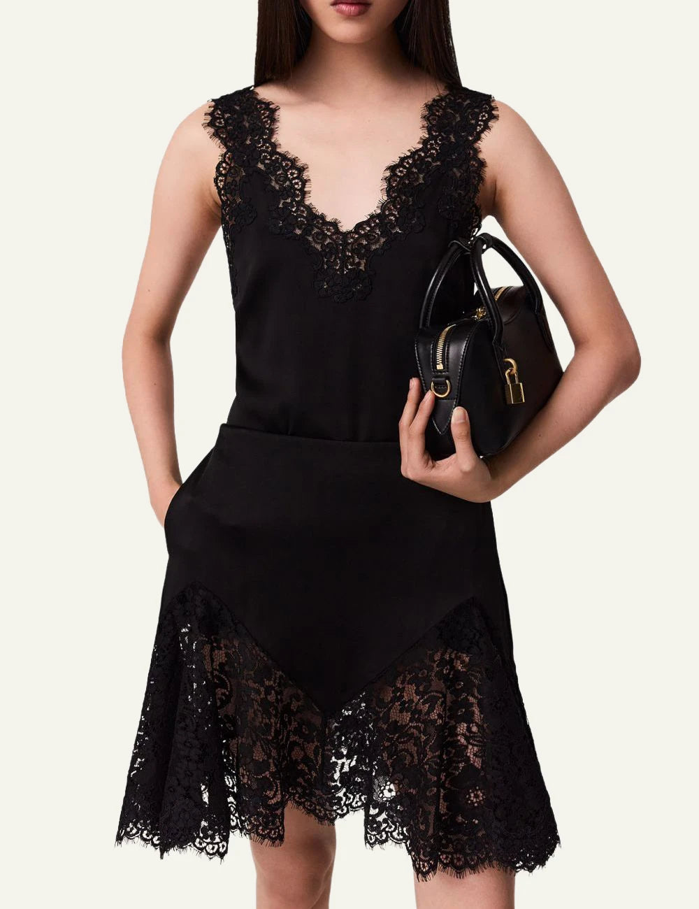 Stella McCartney black satin mini skirt with floral lace trim model