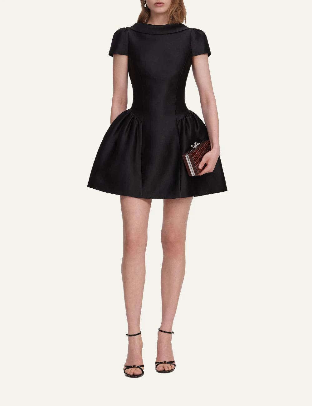 Black taffeta mini dress with boat neckline, fitted waist and voluminous flared skirt by Self-Portrait full body