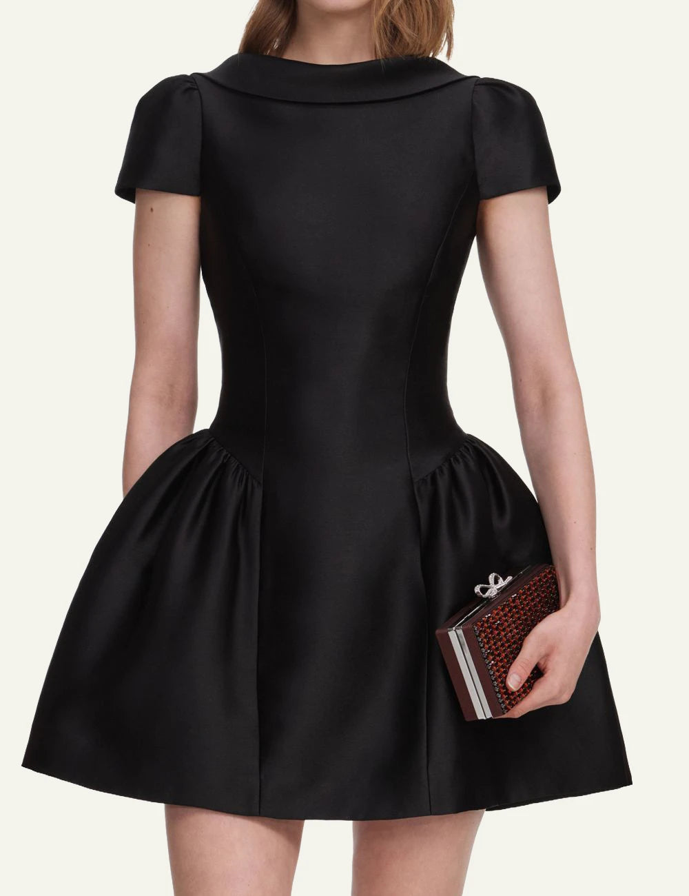 Black taffeta mini dress with boat neckline, fitted waist and voluminous flared skirt by Self-Portrait