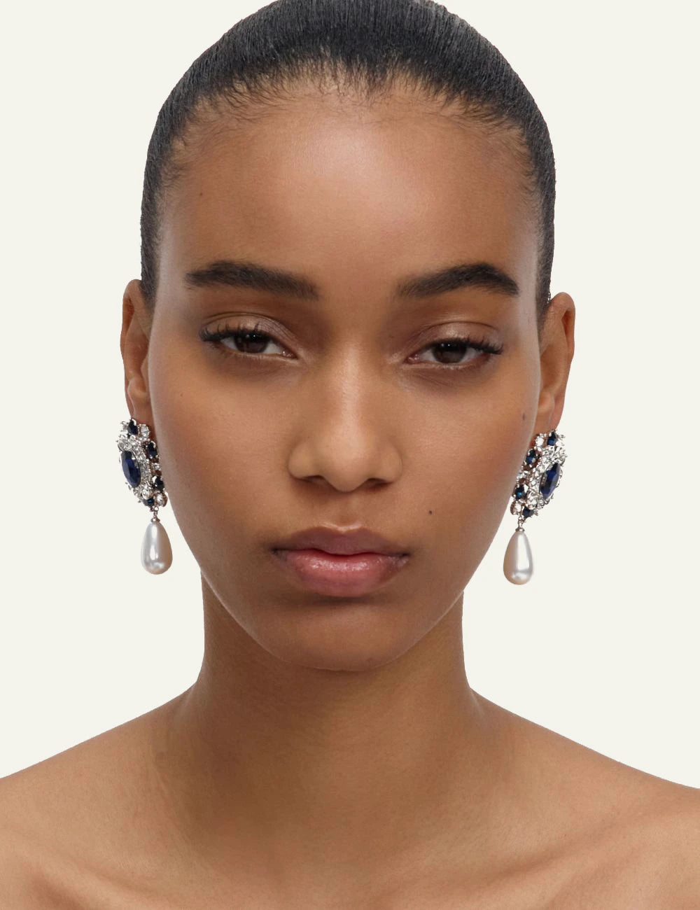 Self-Portrait blue crystal and faux pearl drop earrings worn by model