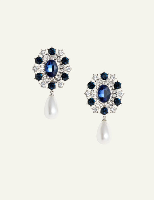 Self-Portrait blue crystal and faux pearl drop earrings