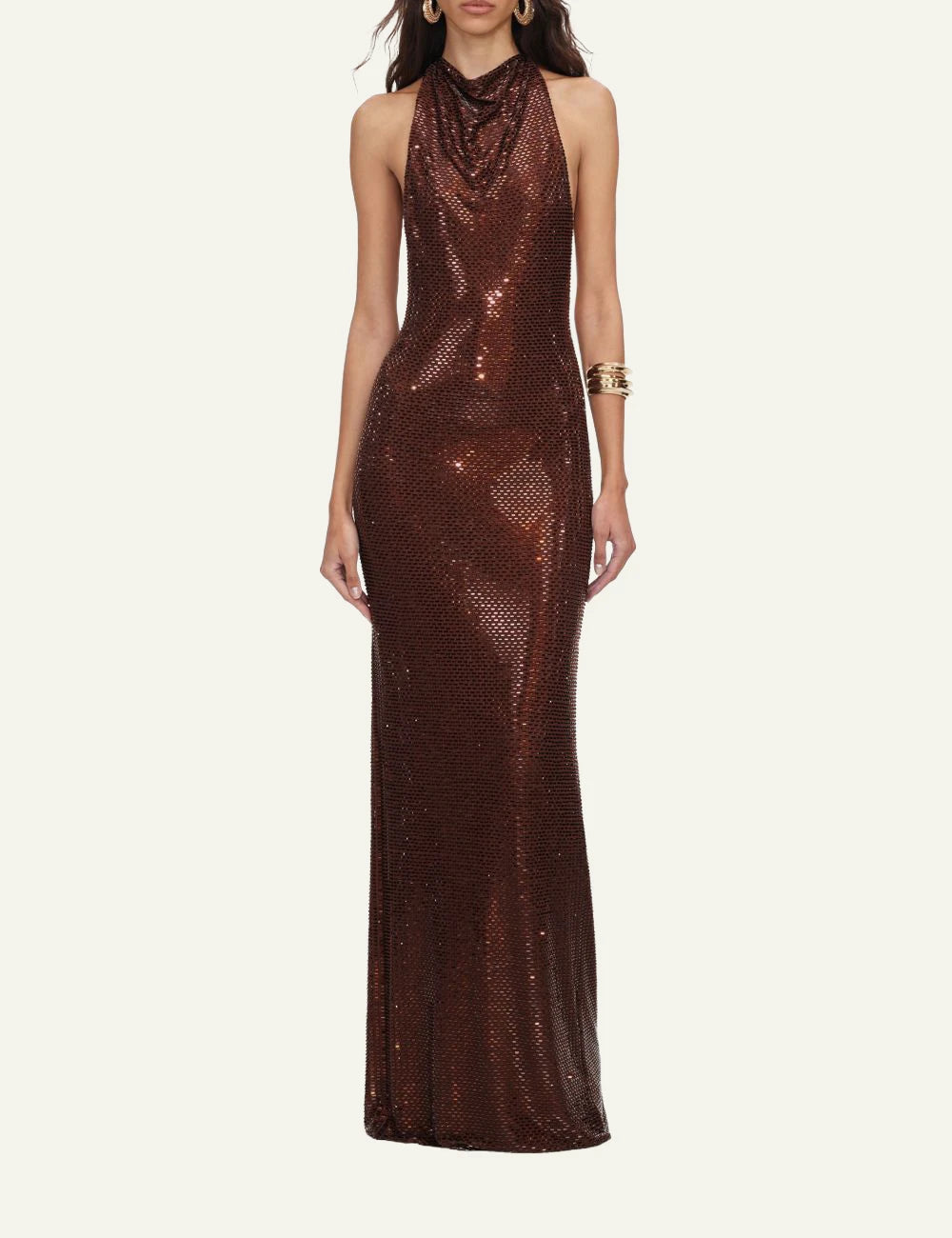Self-Portrait bronze rhinestone embellished maxi dress with racerback design full body