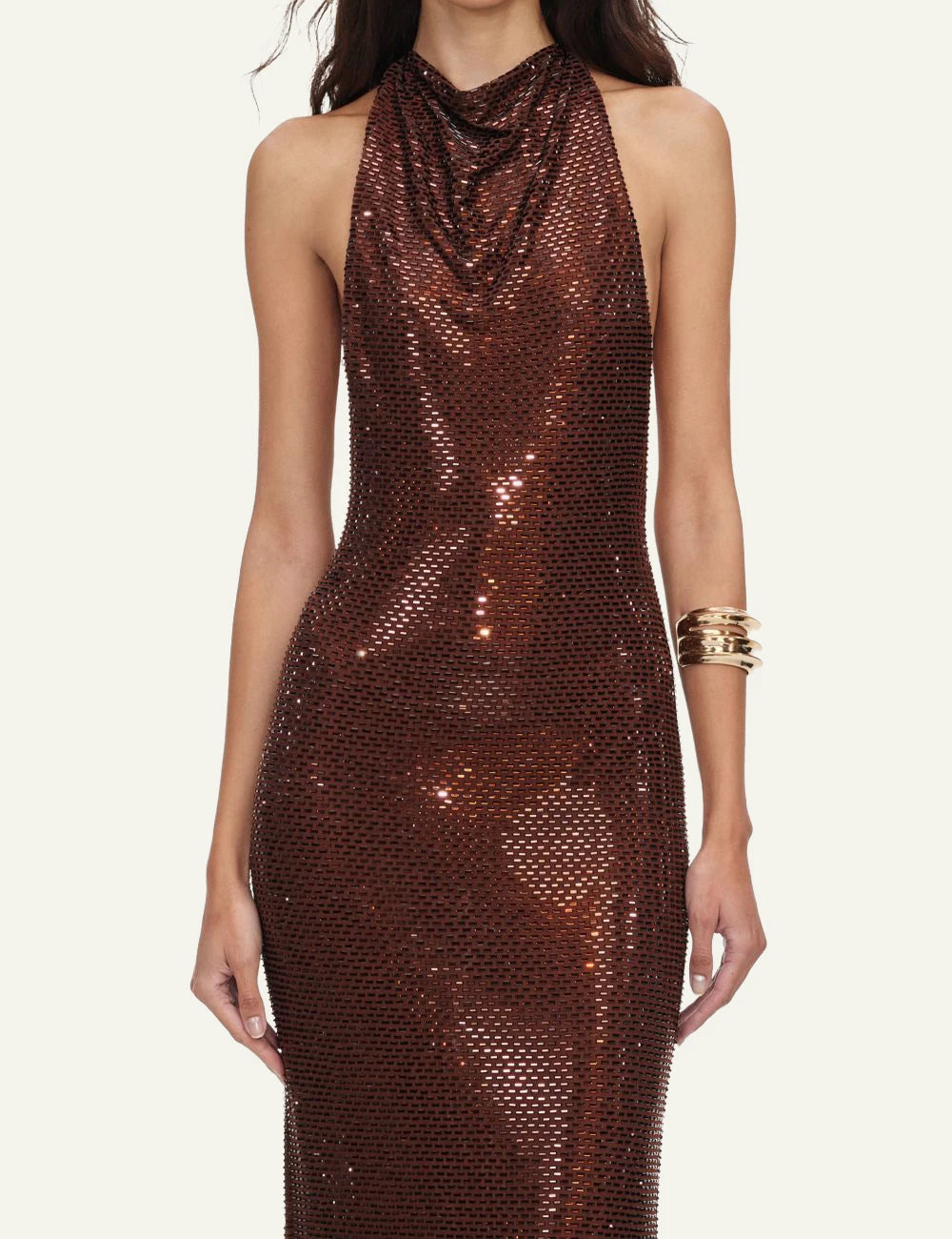 Self-Portrait bronze rhinestone embellished maxi dress with racerback design model