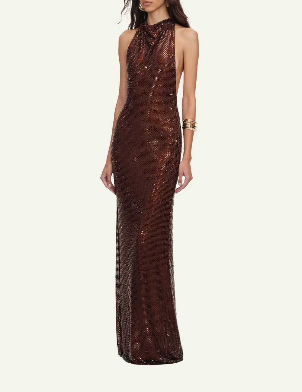 Self-Portrait bronze rhinestone embellished maxi dress with racerback design side