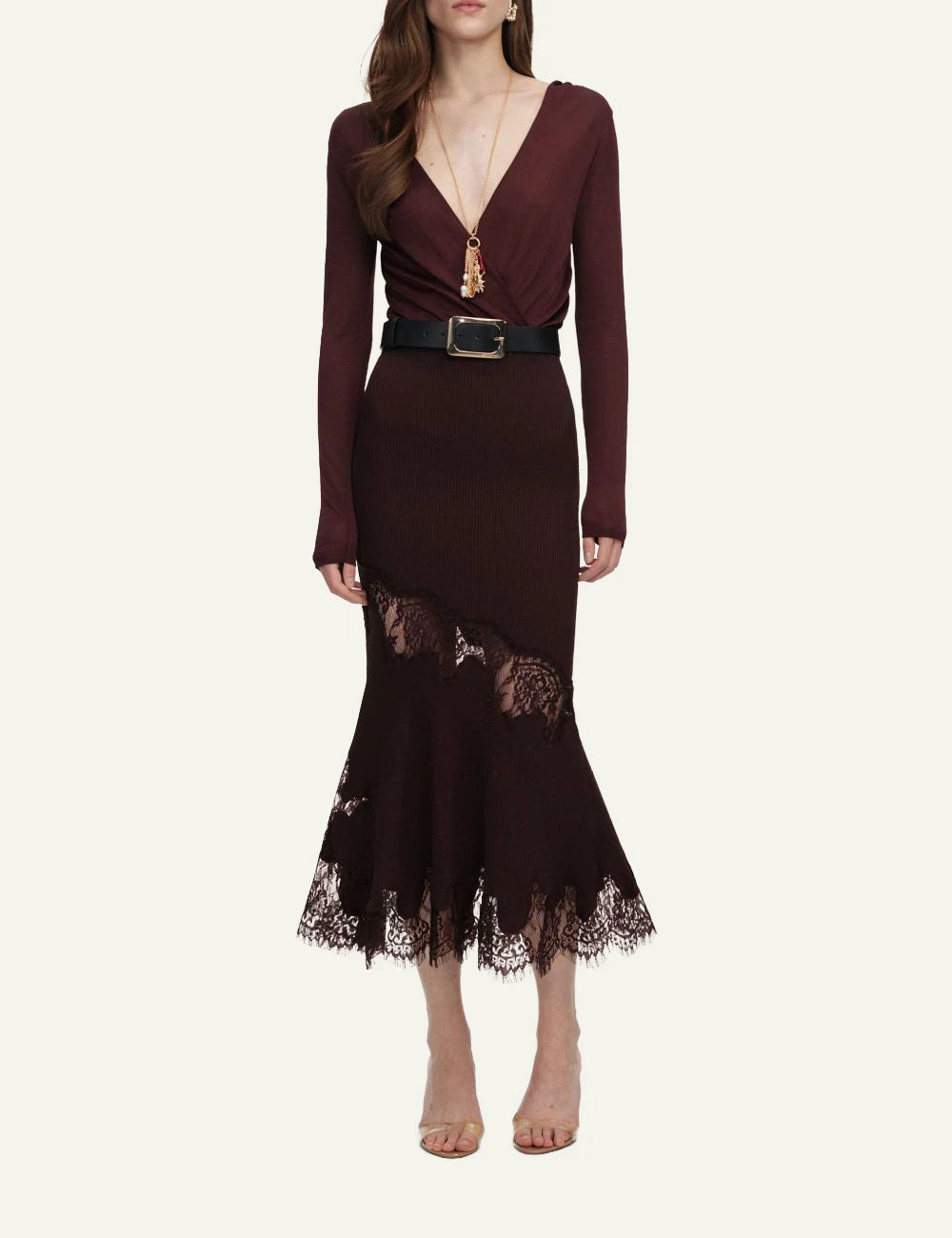 Brown ribbed knit midi skirt with lace inserts and scalloped hem by Self-Portrait