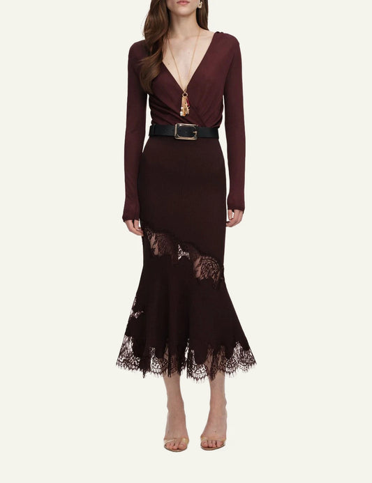 Brown ribbed knit midi skirt with lace inserts and scalloped hem by Self-Portrait
