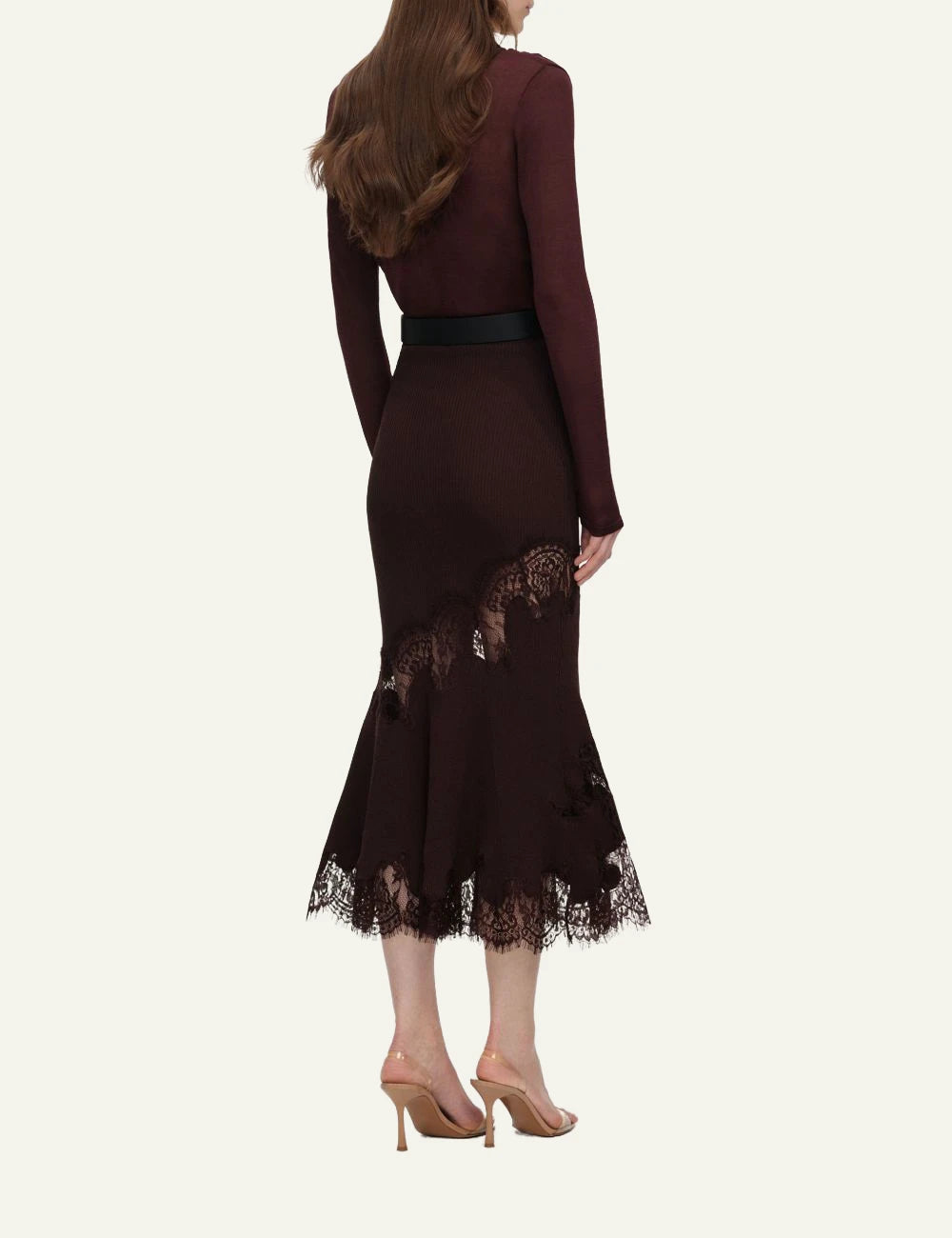 Brown ribbed knit midi skirt with lace inserts and scalloped hem by Self-Portrait back