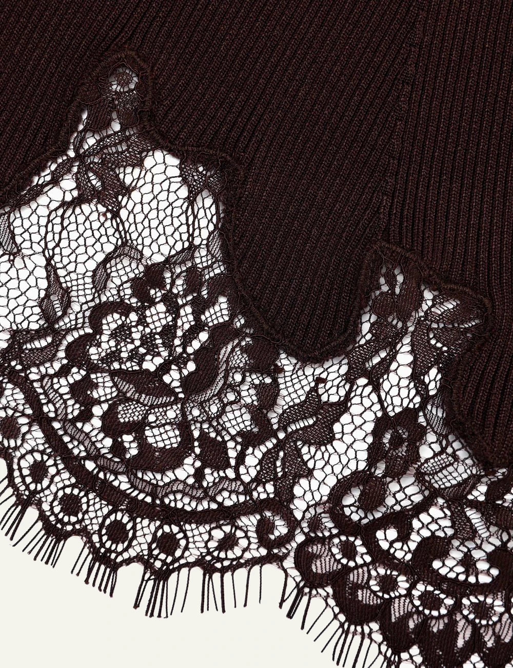 Brown ribbed knit midi skirt with lace inserts and scalloped hem by Self-Portrait detail