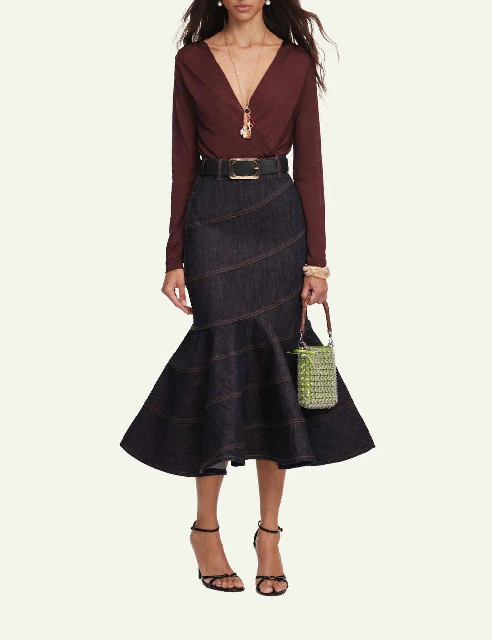 Brown ribbed knit midi skirt with lace inserts and scalloped hem by Self-Portrait full body