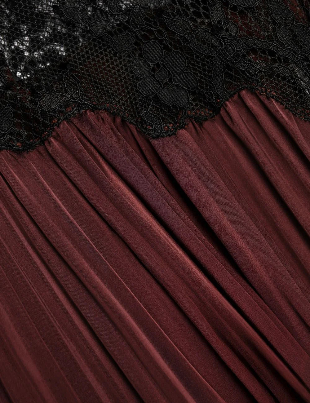 Self Portrait brown satin maxi dress lace bodice pleated skirt slit front detail