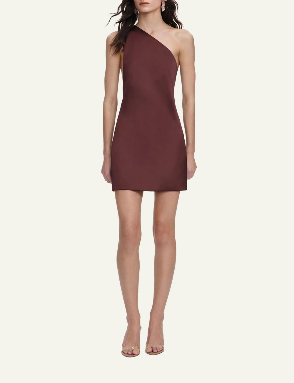 Self Portrait brown satin mini dress one shoulder asymmetric backless front full body