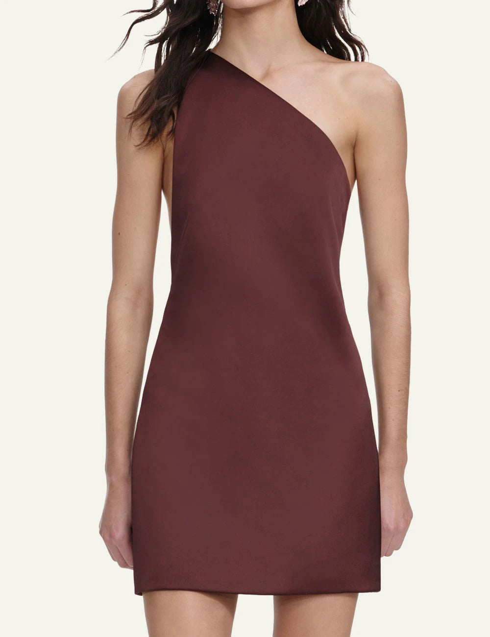 Self Portrait brown satin mini dress one shoulder asymmetric backless front model