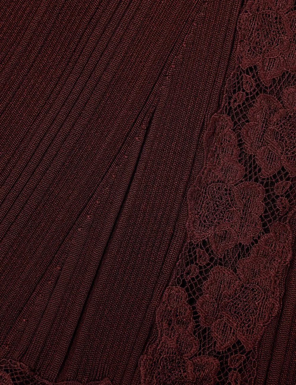 Self Portrait burgundy knit midi dress off shoulder front detail view