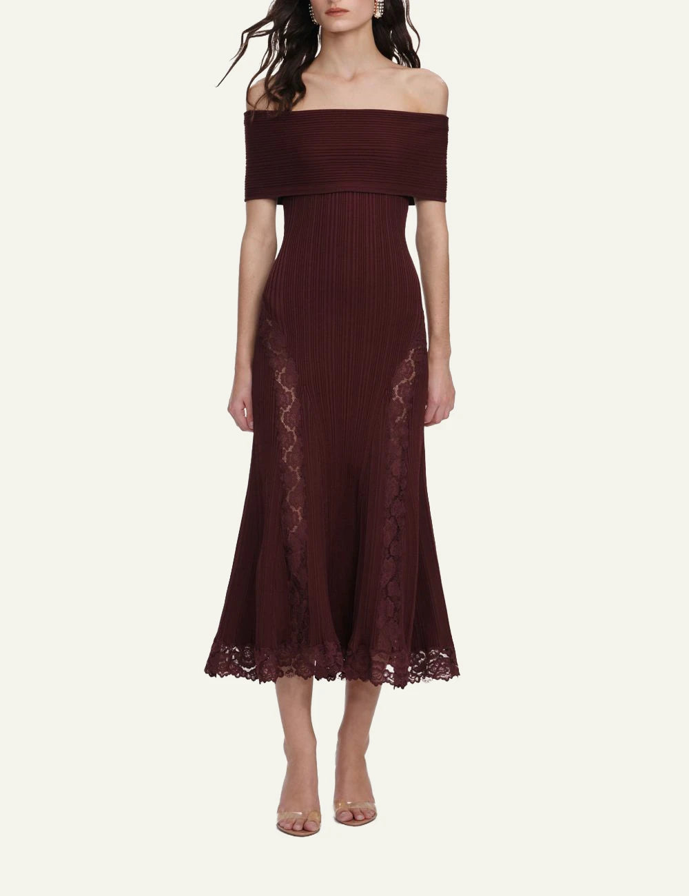 Self Portrait burgundy knit midi dress off shoulder front full body view