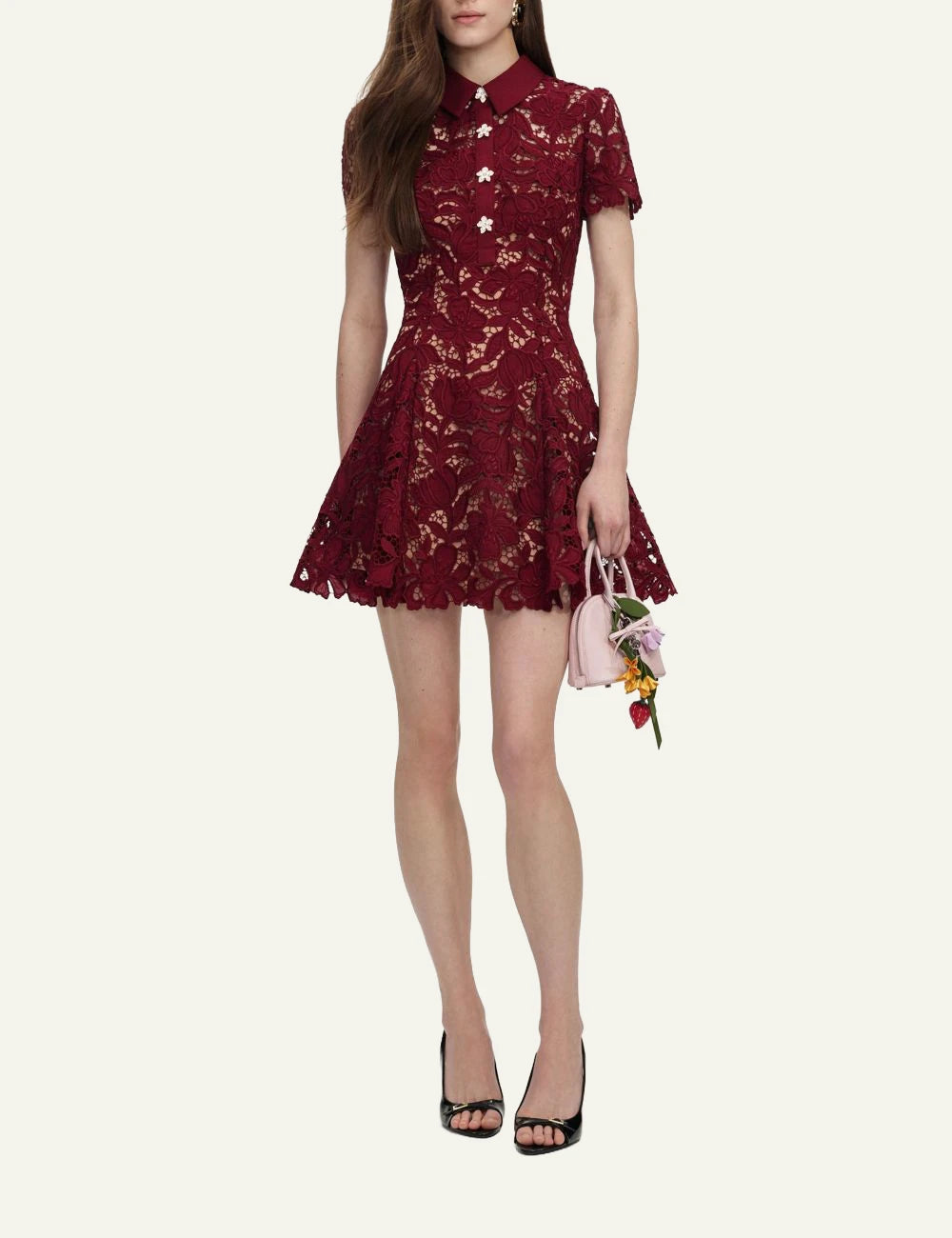 Self-Portrait burgundy lace mini dress with floral buttons and collar