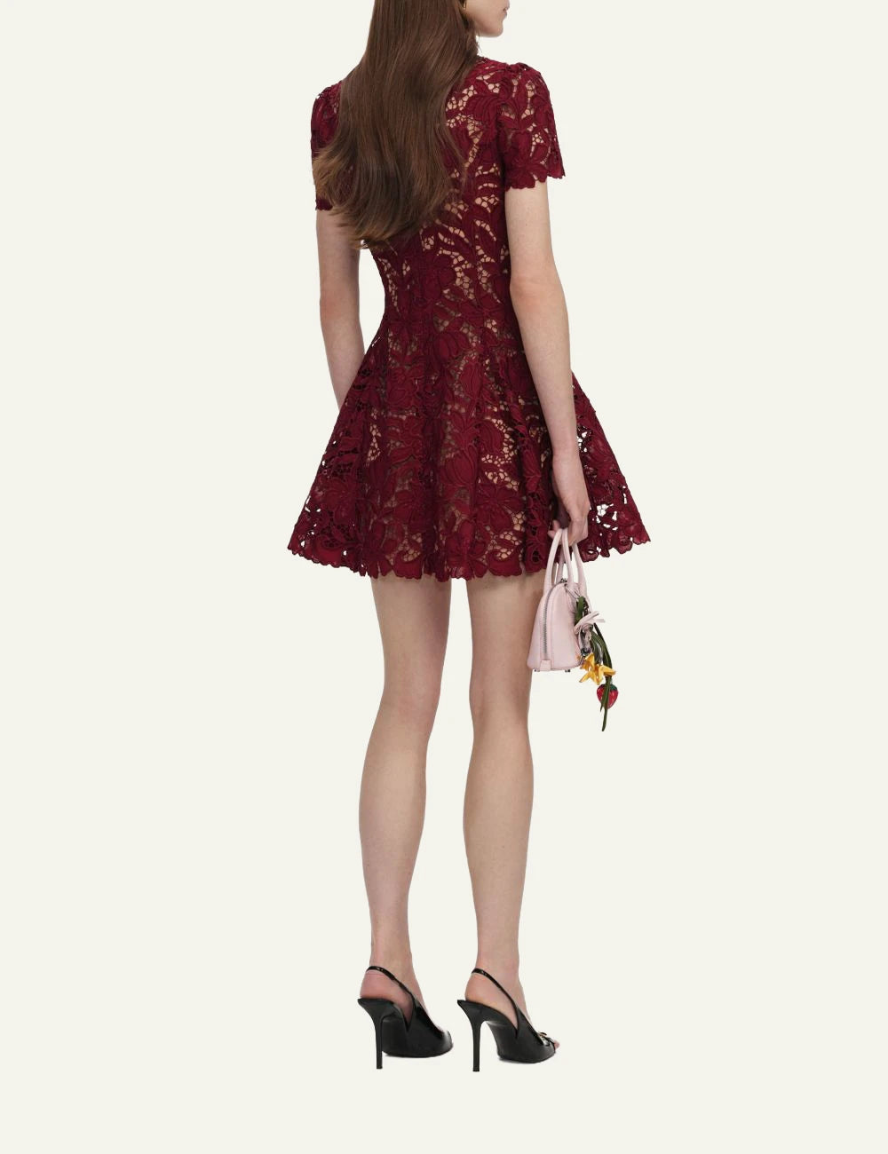 Self-Portrait burgundy lace mini dress with floral buttons and collar back