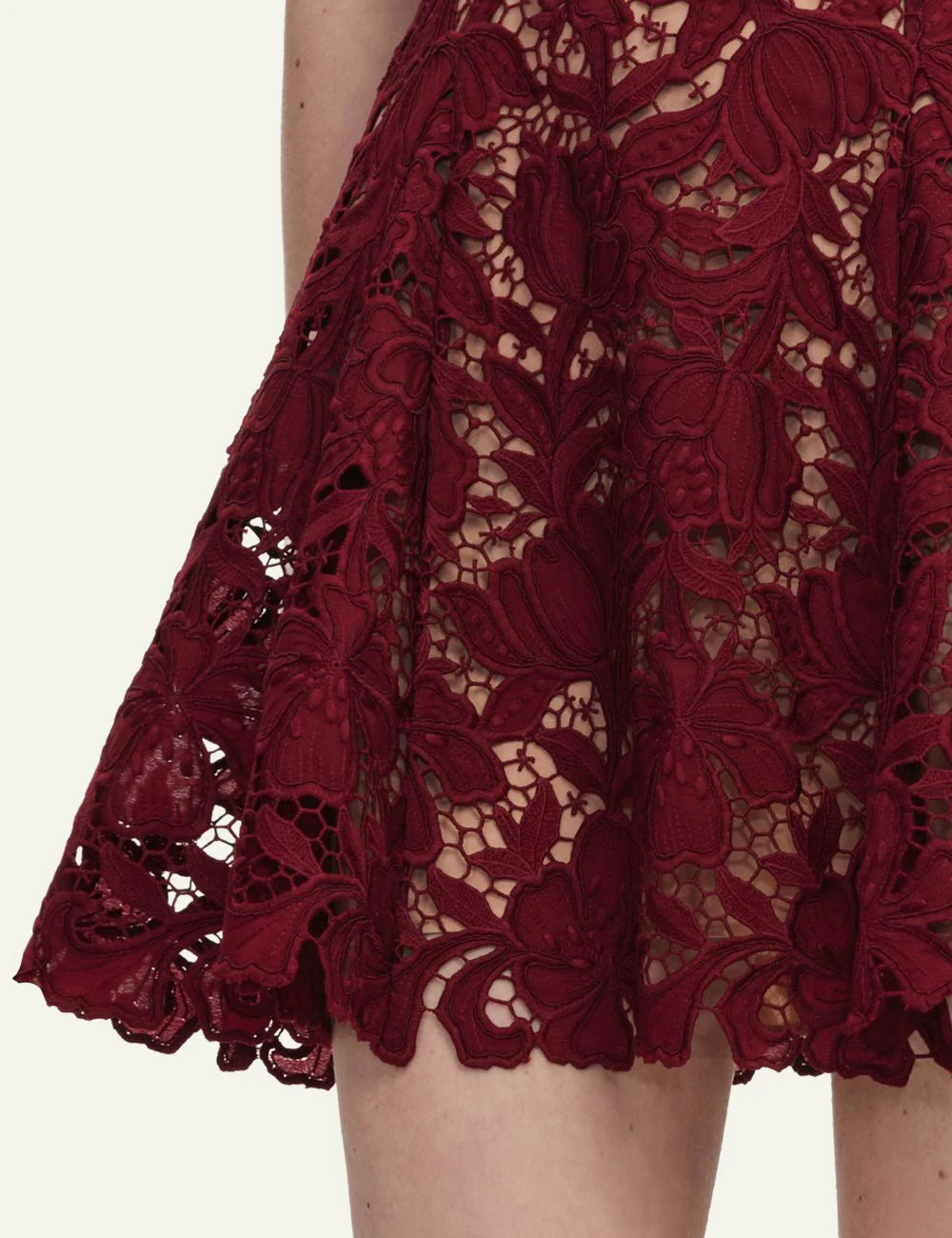 Self-Portrait burgundy lace mini dress with floral buttons and collar detail