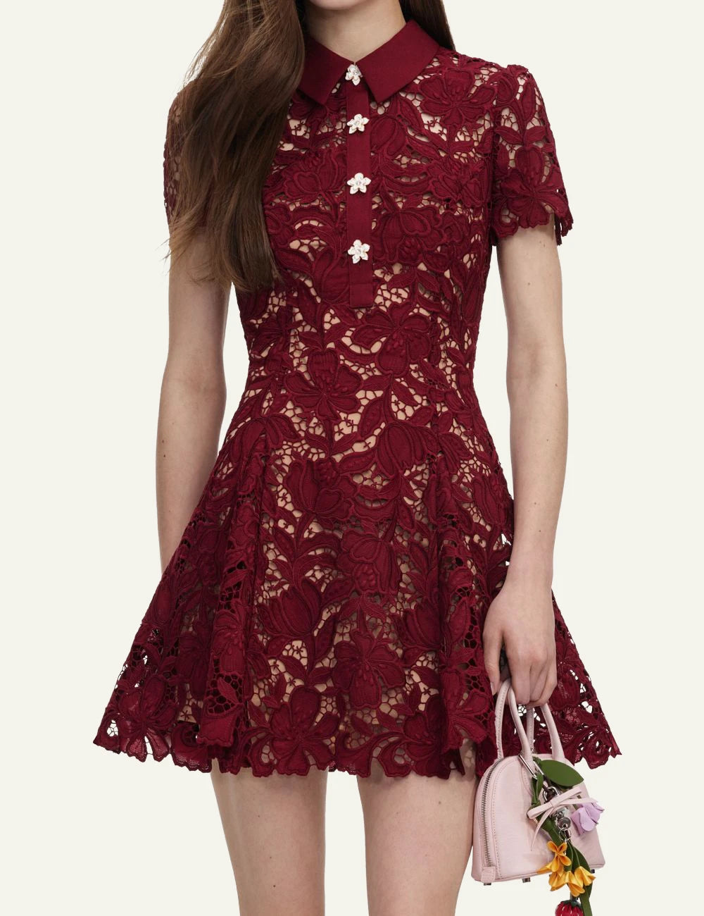 Self-Portrait burgundy lace mini dress with floral buttons and collar model