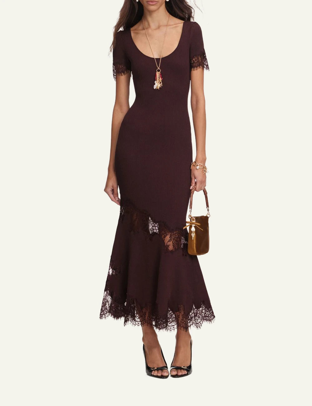 Self-Portrait chocolate ribbed knit midi dress with lace details and mermaid hem
