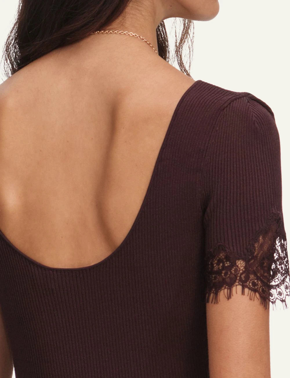 Self-Portrait chocolate ribbed knit midi dress with lace details and mermaid hem back