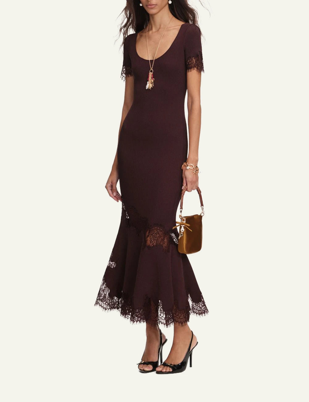 Self-Portrait chocolate ribbed knit midi dress with lace details and mermaid hem side