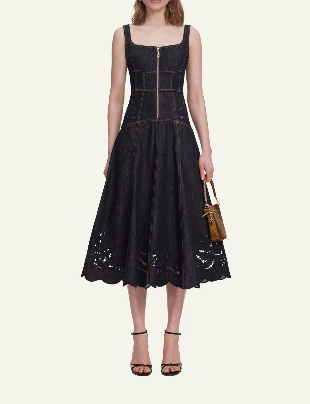 Self-Portrait denim midi dress with embroidered bow motifs and scalloped hem