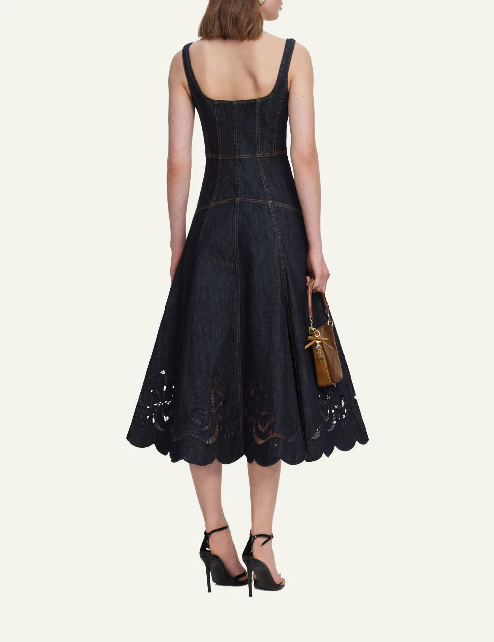 Self-Portrait denim midi dress with embroidered bow motifs and scalloped hem back