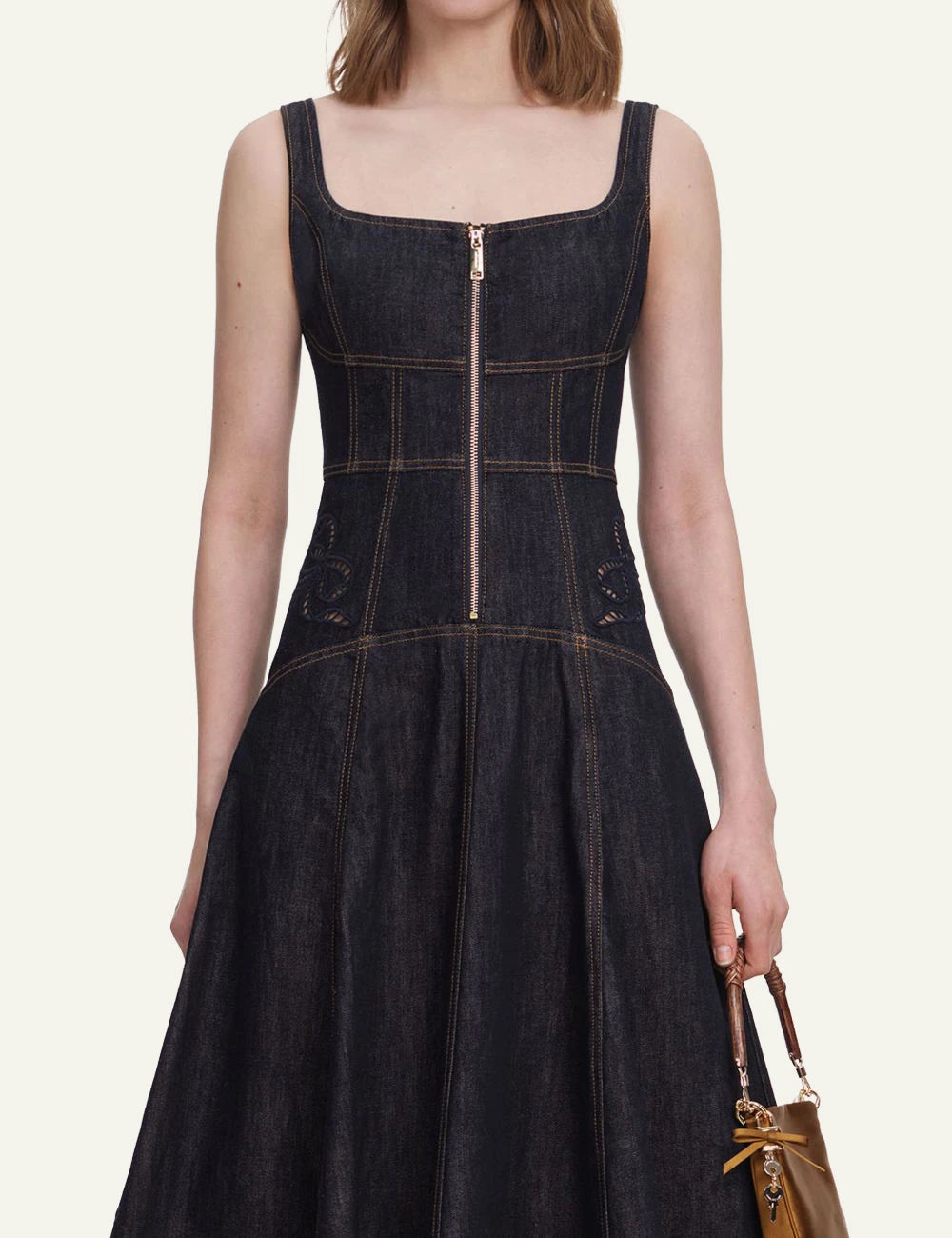 Self-Portrait denim midi dress with embroidered bow motifs and scalloped hem model