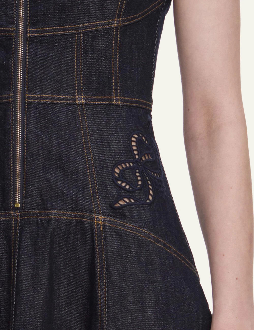 Self-Portrait denim midi dress with embroidered bow motifs and scalloped hem side detail