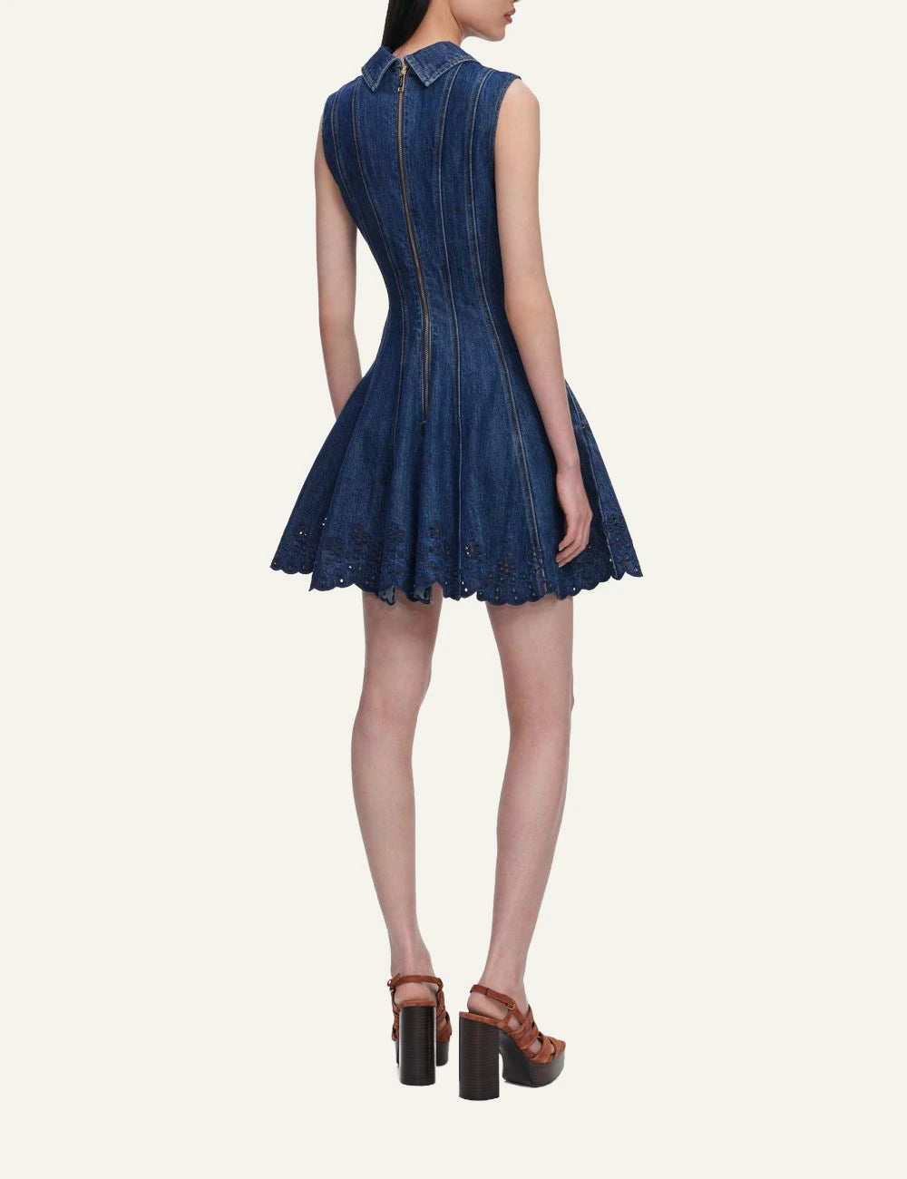 Self Portrait denim mini dress broderie anglaise skater hem back