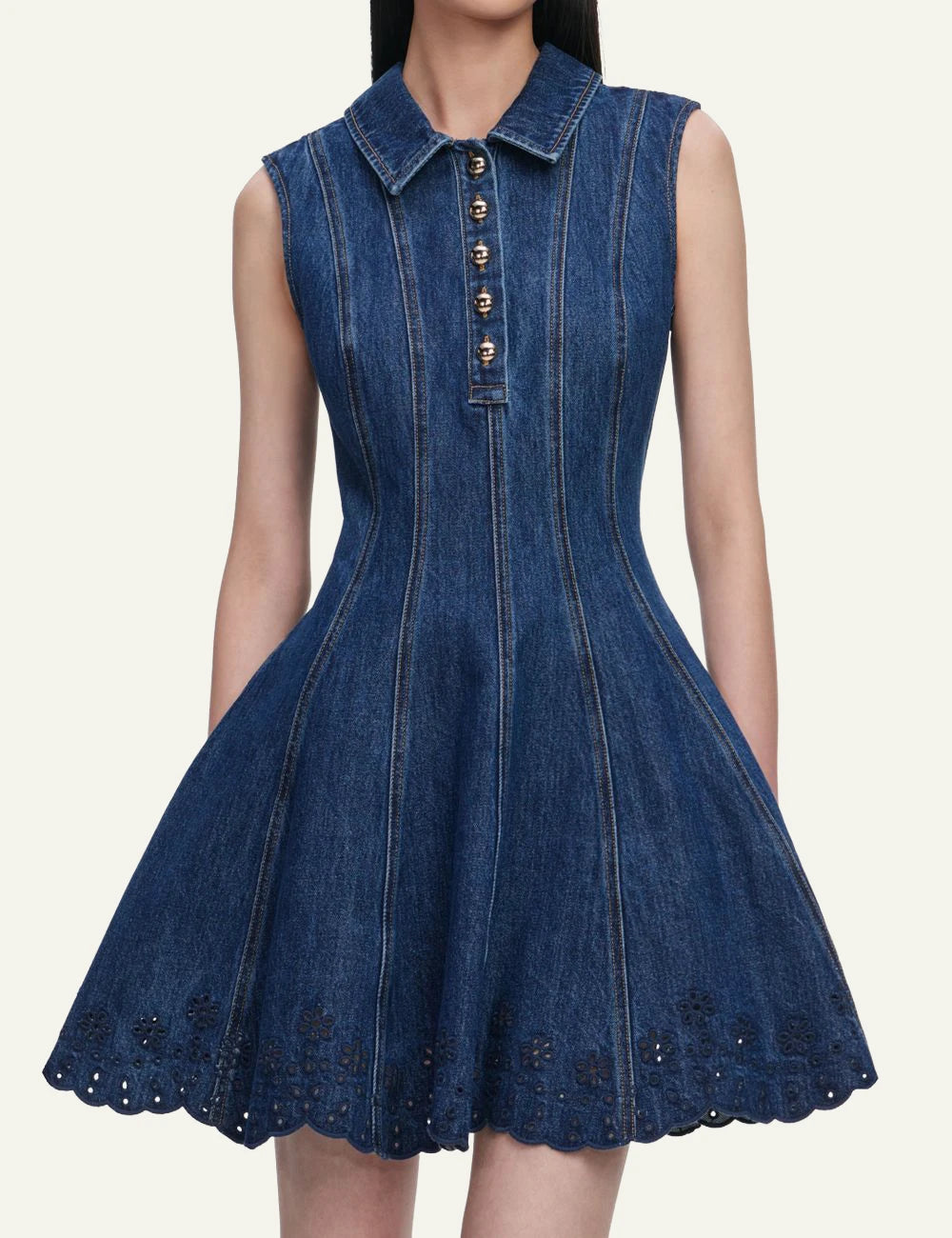 Self Portrait denim mini dress broderie anglaise skater hem front model