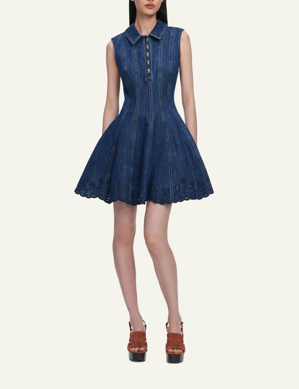 Self Portrait denim mini dress broderie anglaise skater hem front