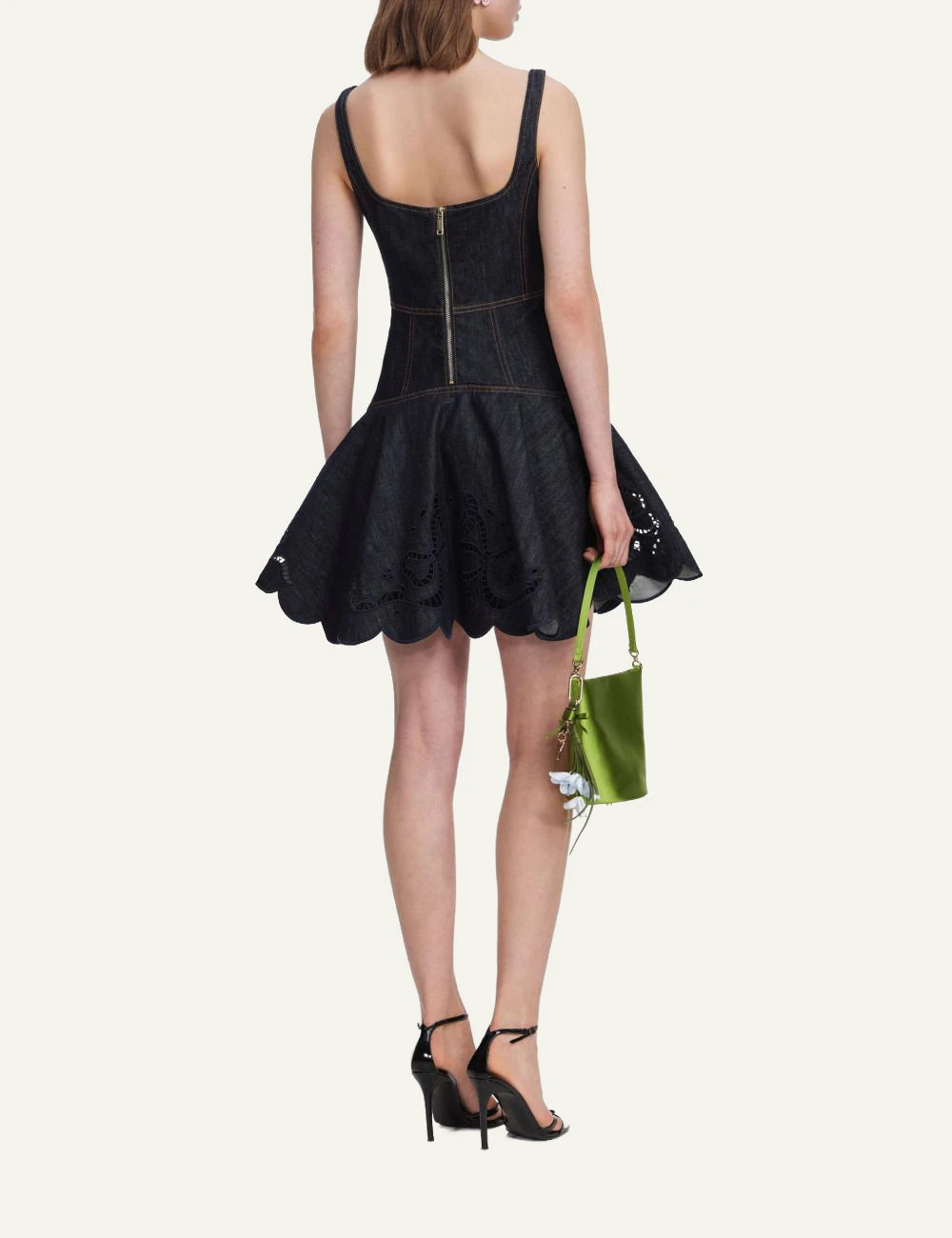 Self-Portrait denim mini dress with embroidered bow details and flared skirt back