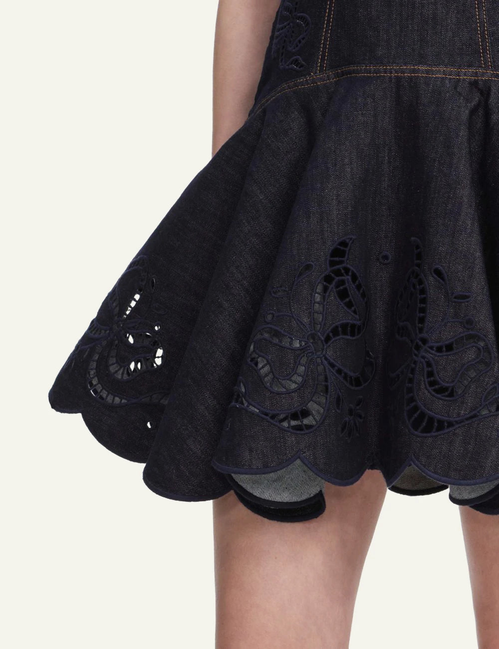 Self-Portrait denim mini dress with embroidered bow details and flared skirt detail