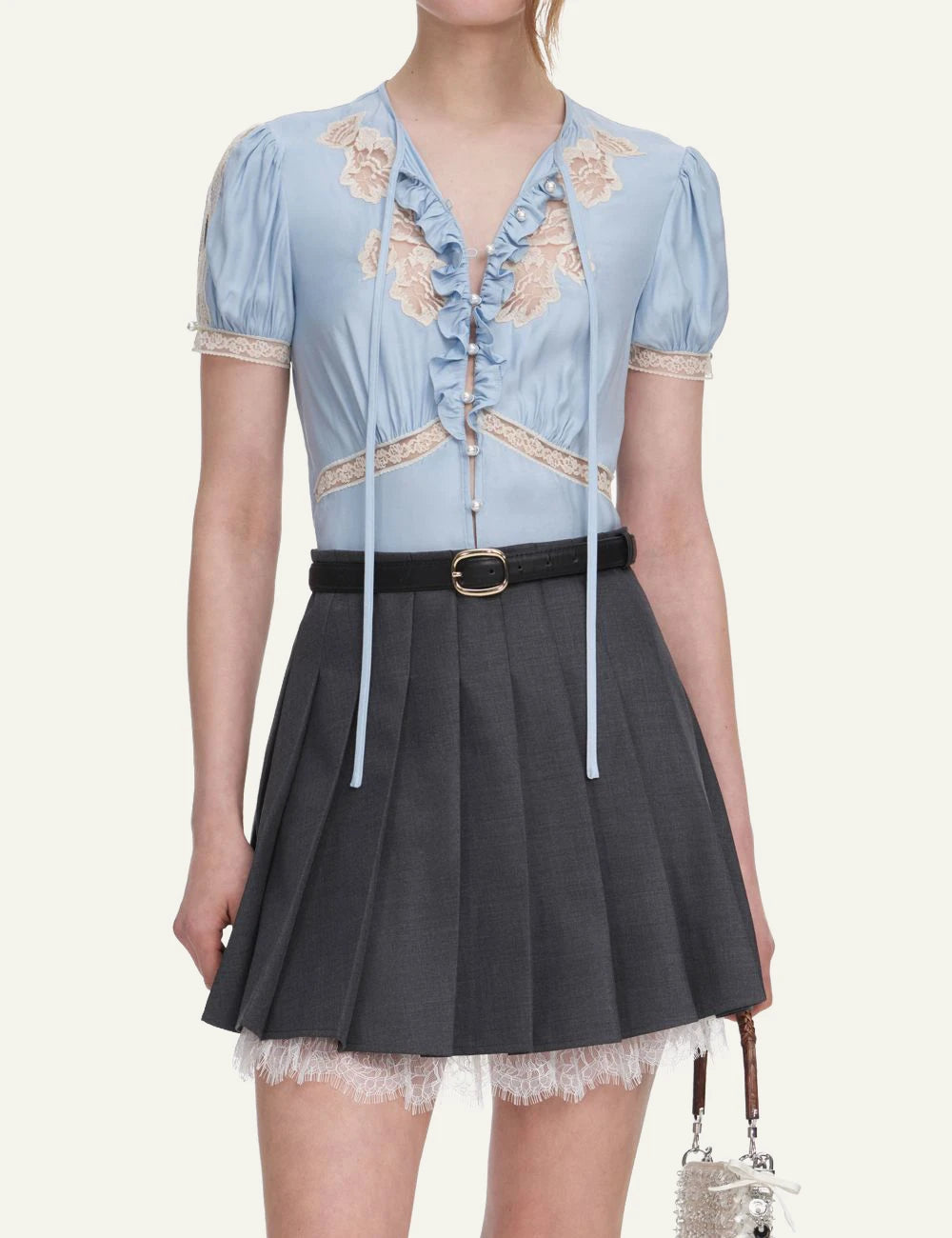 Grey pleated mini skirt with lace hem and A-line silhouette by Self-Portrait