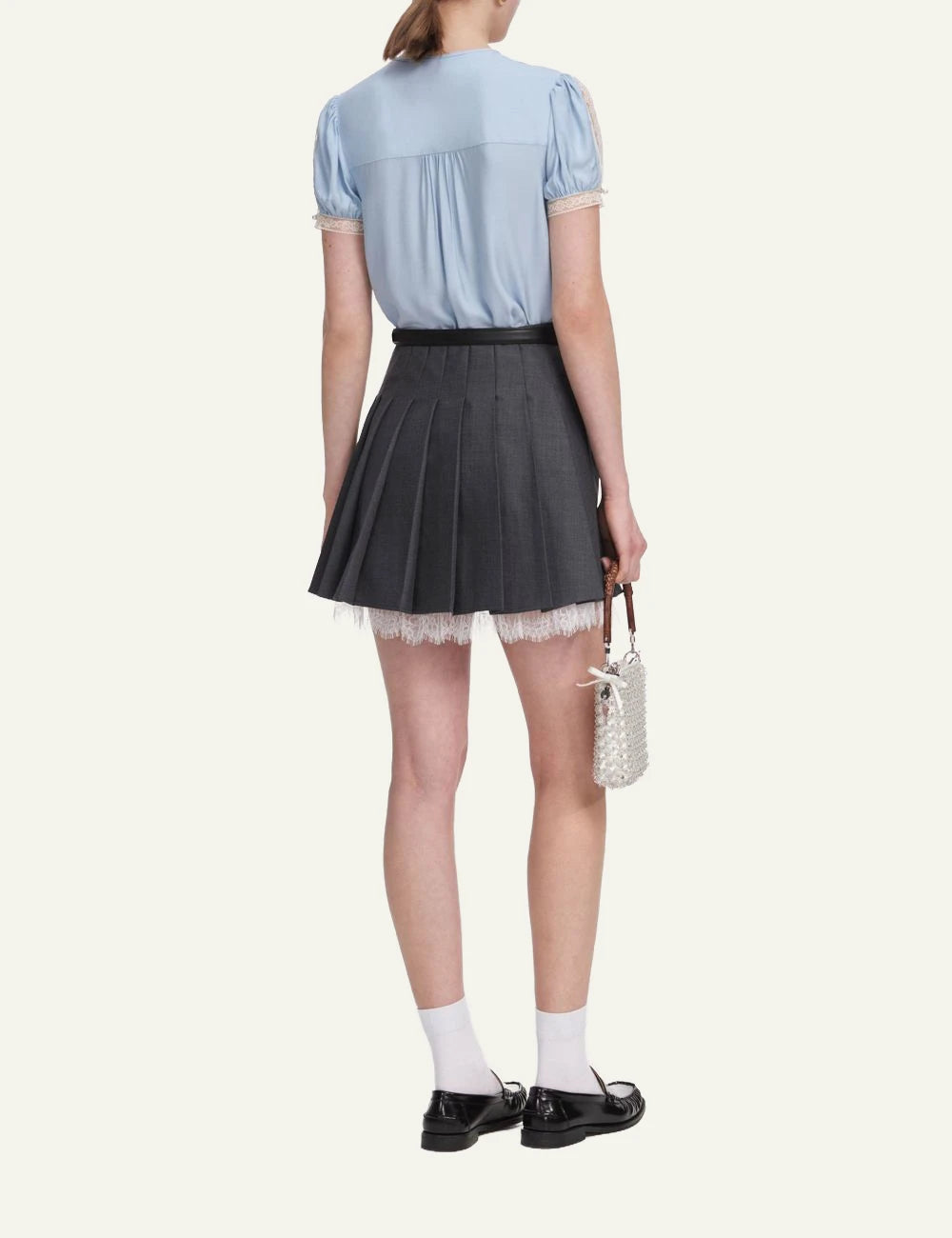 Grey pleated mini skirt with lace hem and A-line silhouette by Self-Portrait back