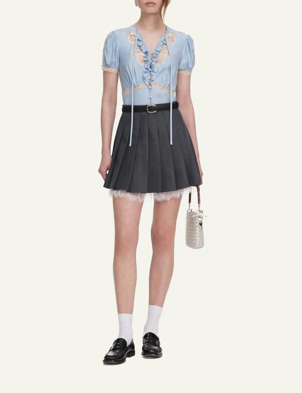 Grey pleated mini skirt with lace hem and A-line silhouette by Self-Portrait full body