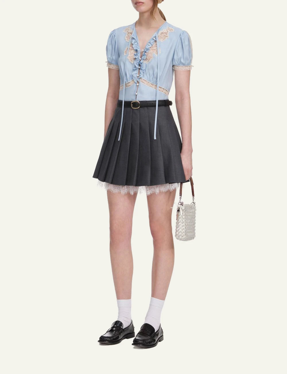 Grey pleated mini skirt with lace hem and A-line silhouette by Self-Portrait side