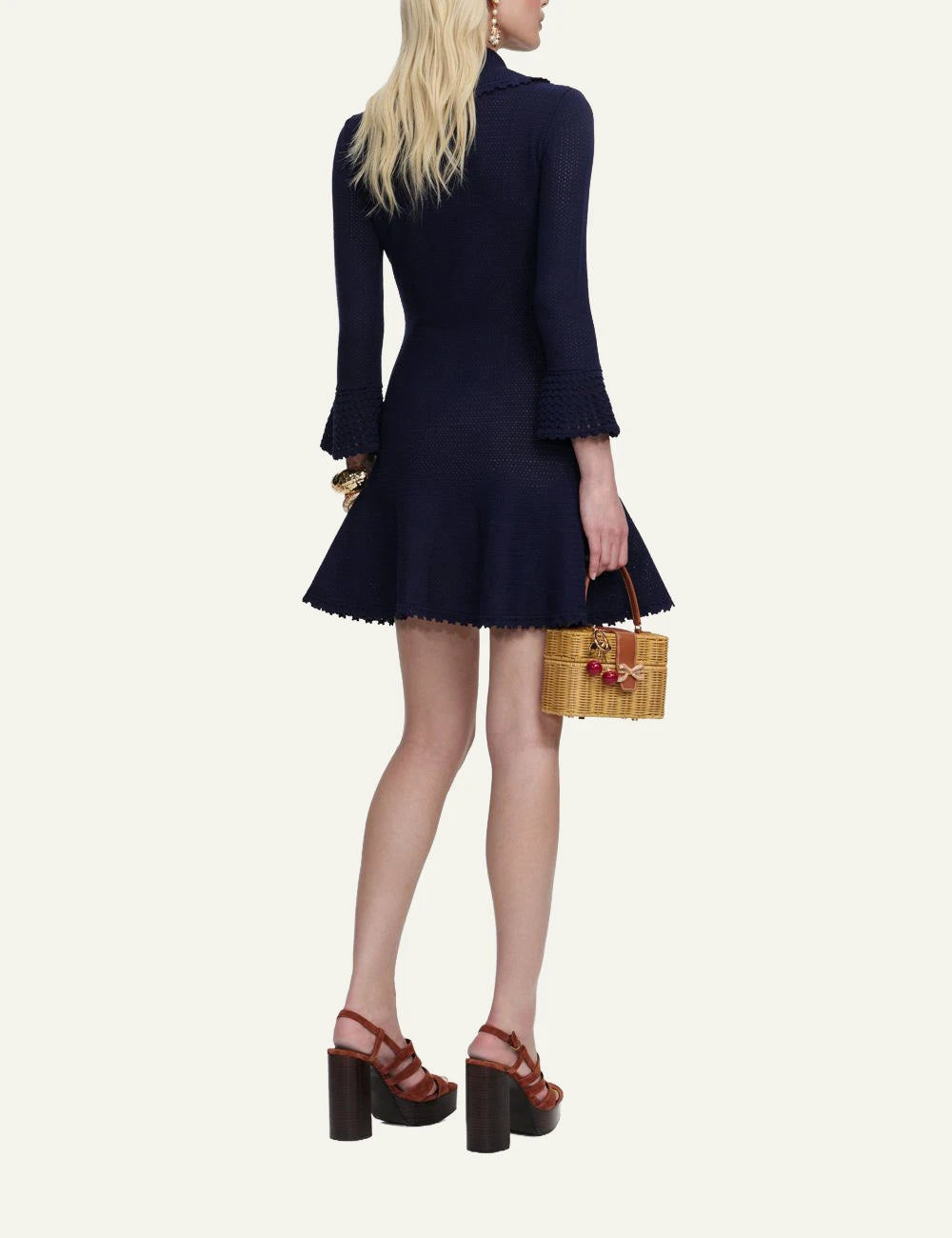 Self Portrait navy knit mini dress seashell detail back view