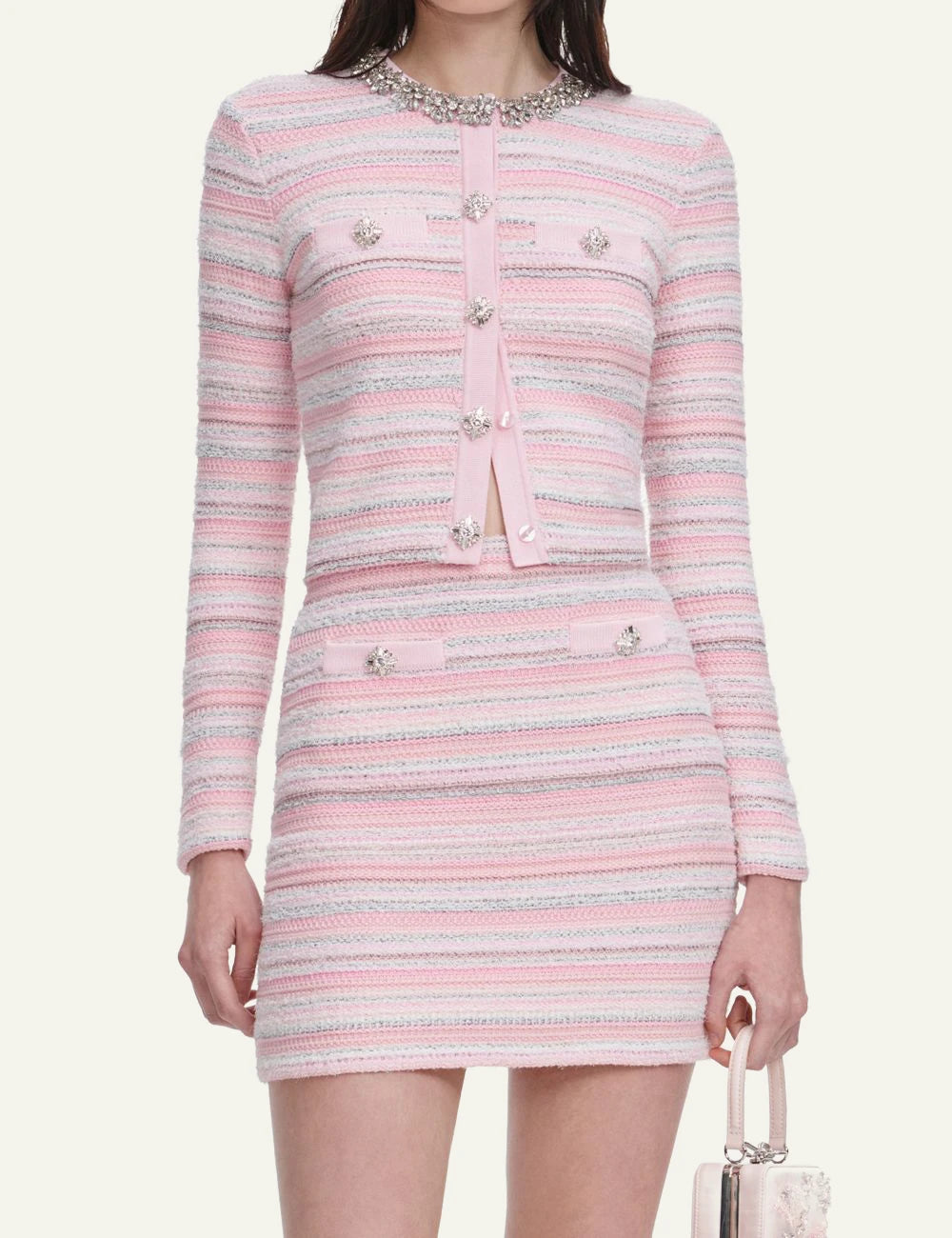 Self-Portrait knit skirt pastel striped mini with crystal buttons front model view