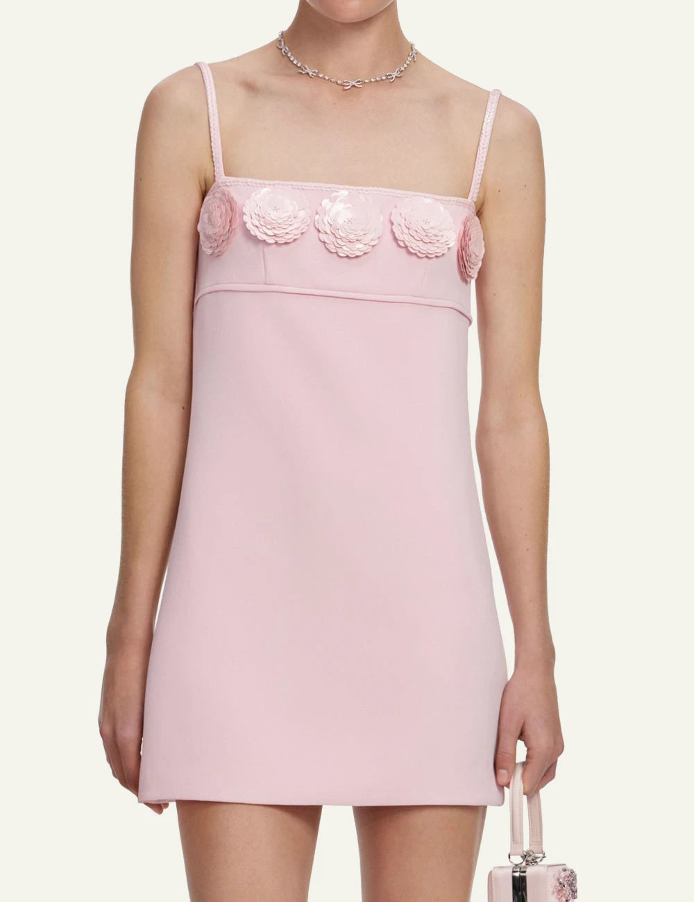 Self Portrait pink crepe mini dress floral sequin bodice strap detail front model