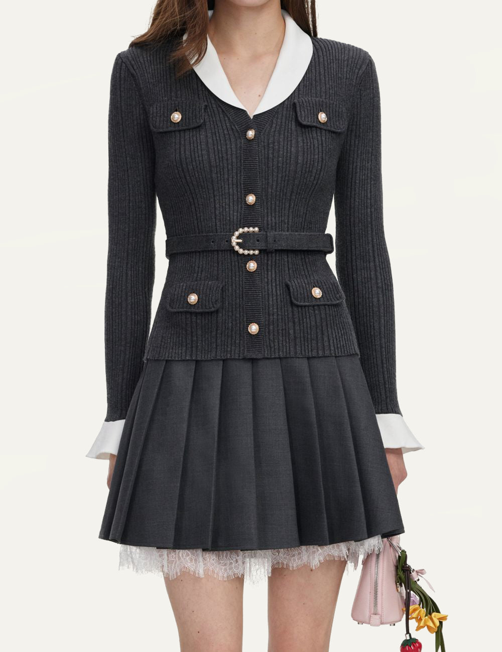Pink cropped knit top with floral buttons and contrast trim by Self-Portrait