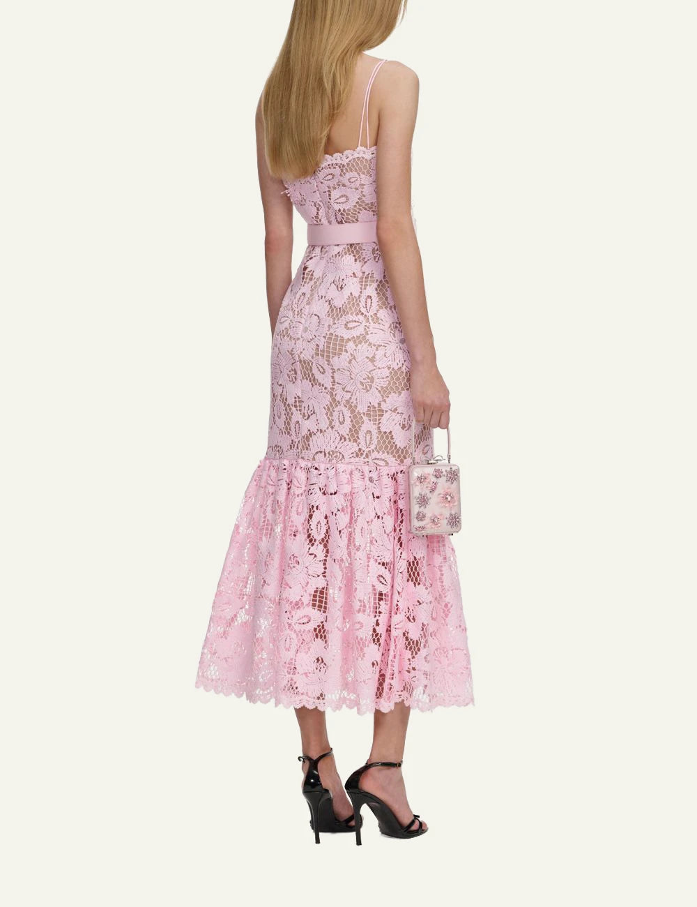 Self Portrait pink lace midi dress spaghetti straps flared hem back