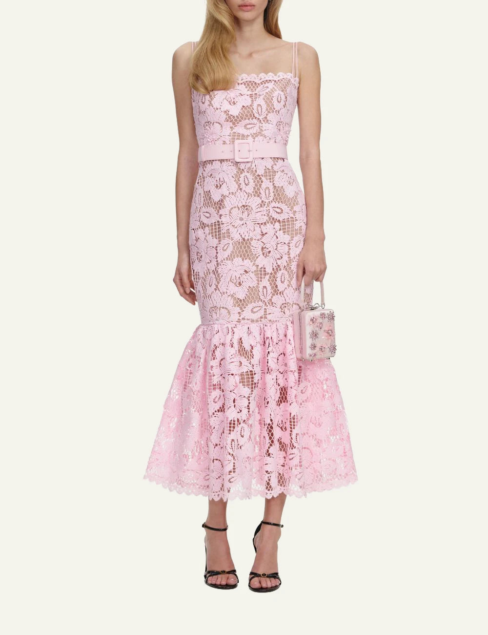 Self Portrait pink lace midi dress spaghetti straps flared hem full look