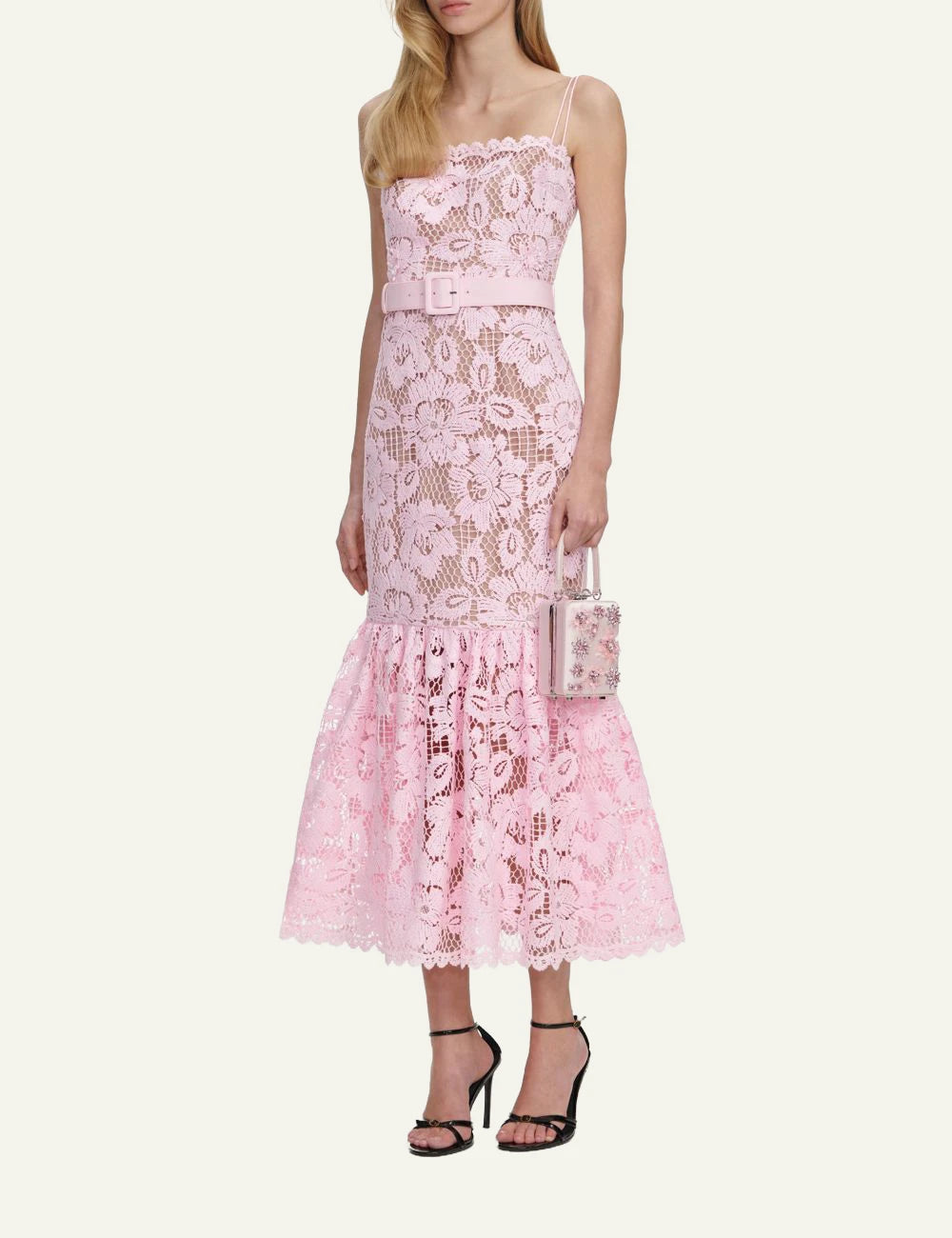 Self Portrait pink lace midi dress spaghetti straps flared hem side look