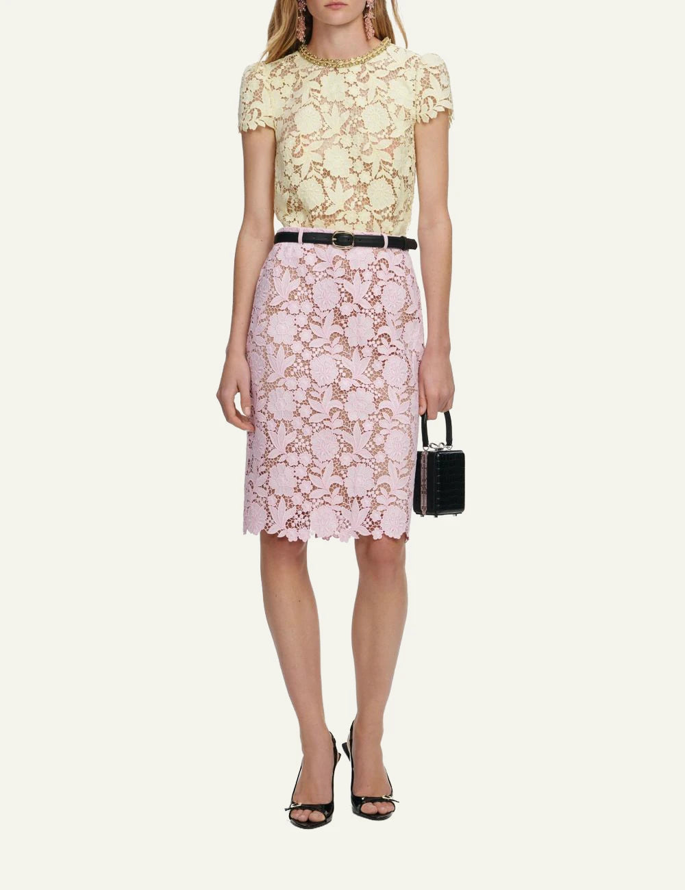Self Portrait pink lace midi skirt front full body view detail
