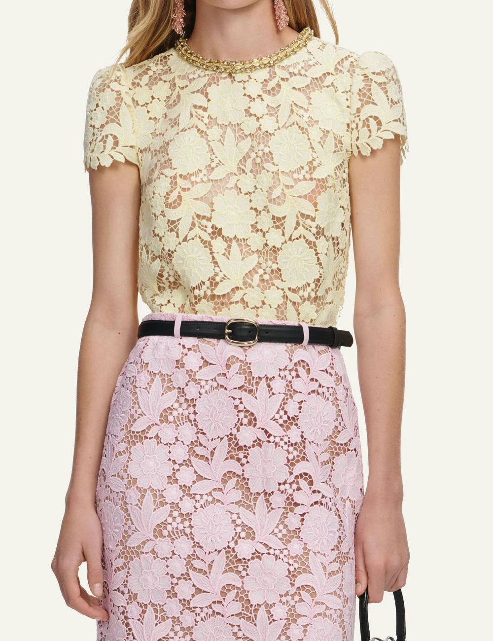 Self Portrait pink lace midi skirt front model view detail