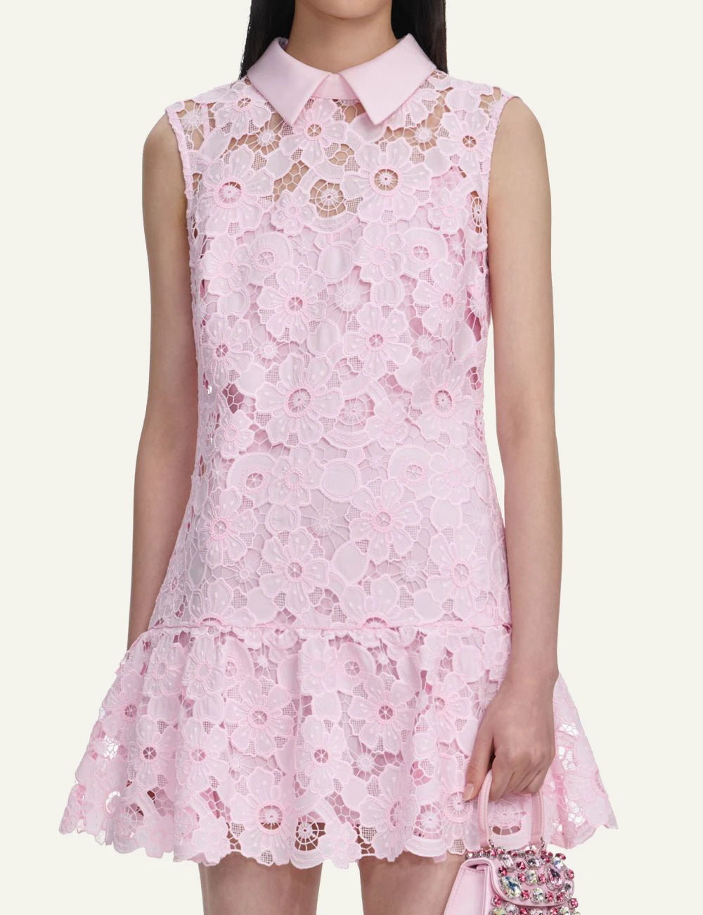 Self Portrait pink lace mini dress guipure collar swing silhouette front model