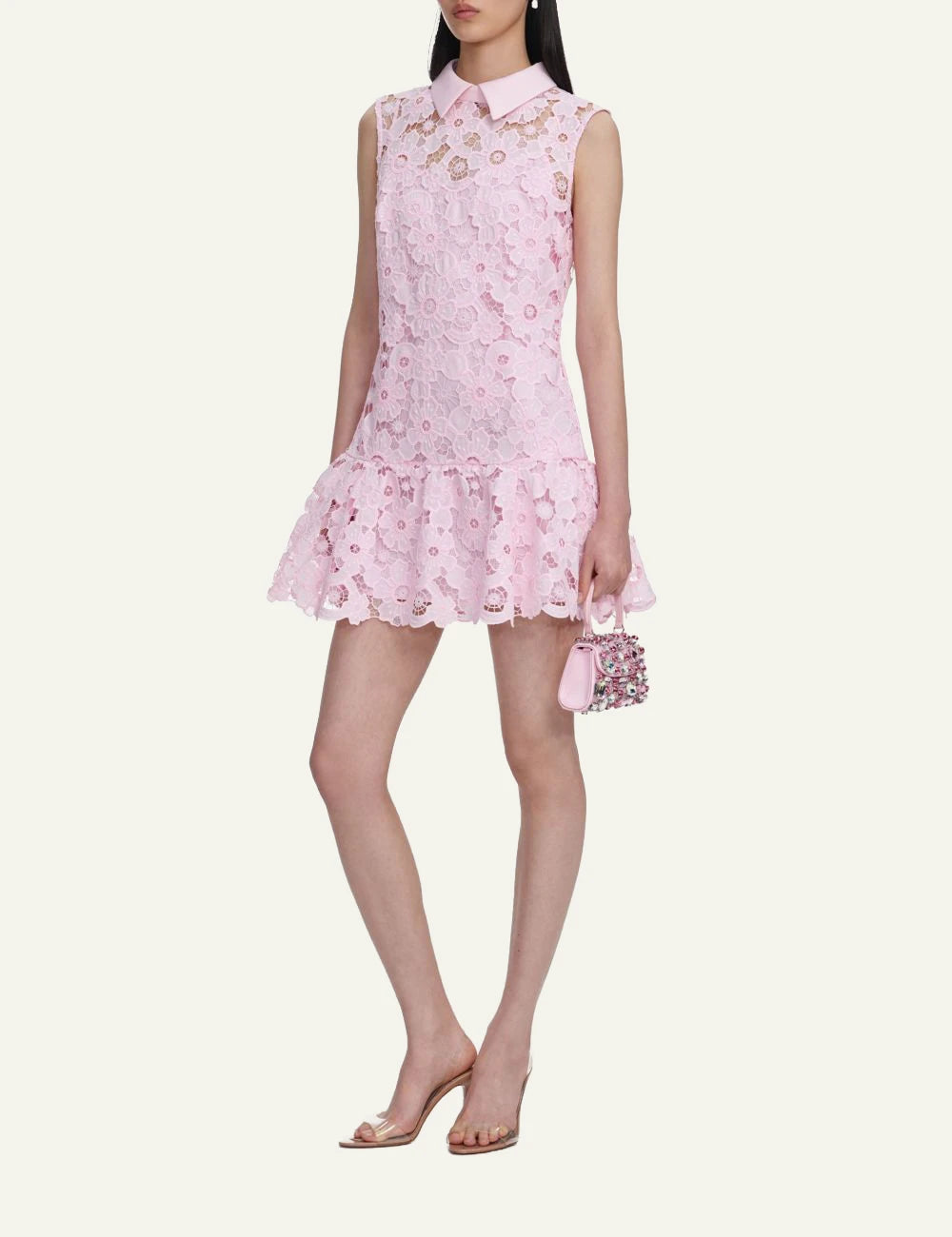 Self Portrait pink lace mini dress guipure collar swing silhouette side