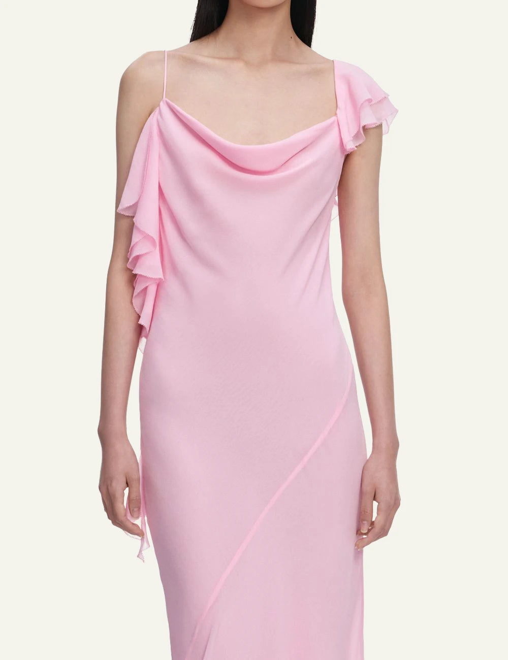 Self Portrait pink maxi dress cowl neck asymmetric front model view